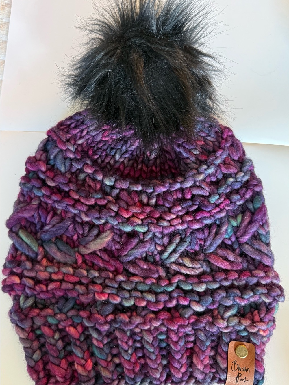 Plush Chunky Knit Pom Beanie - Purple Multi